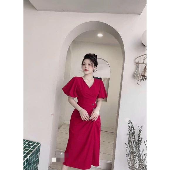 ĐẦM NỮ CỔ CHỮ V PHỐI NÚT V BÊN NHÚN BÊN SƯỜN