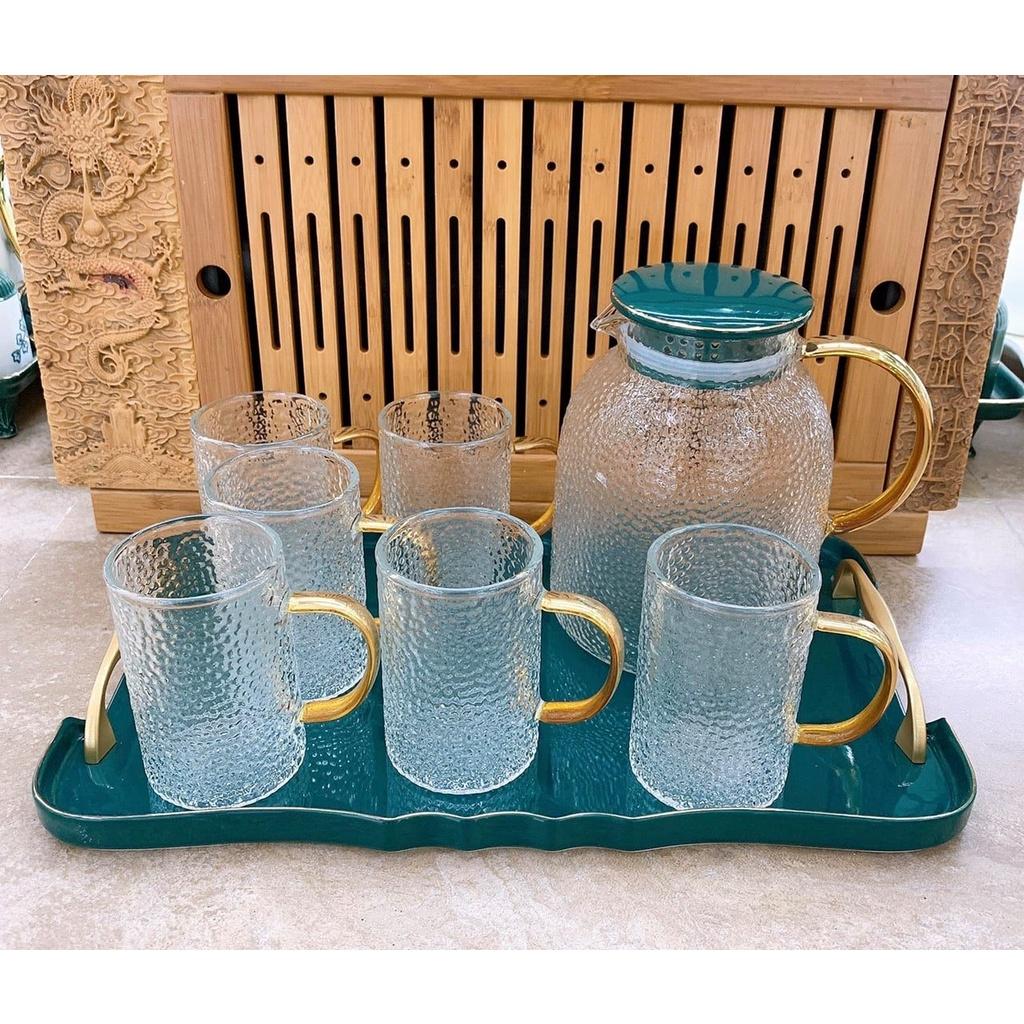 BỘ BÌNH CỐC THỦY TINH SẦN CHỊU NHIỆT LÊN TỚI 400 ĐỘ C KÈM KHAY SỨ XANH