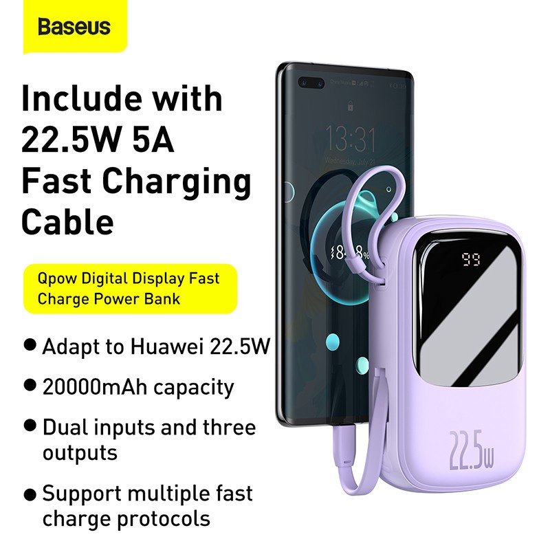 Pin Sạc Dự Phòng Baseus Qpow Pro 10000mah 20000mah PD Sạc Nhanh Tích Hợp Dây Sạc IP / Type C Màn Hình LED - Hàng Chính Hãng