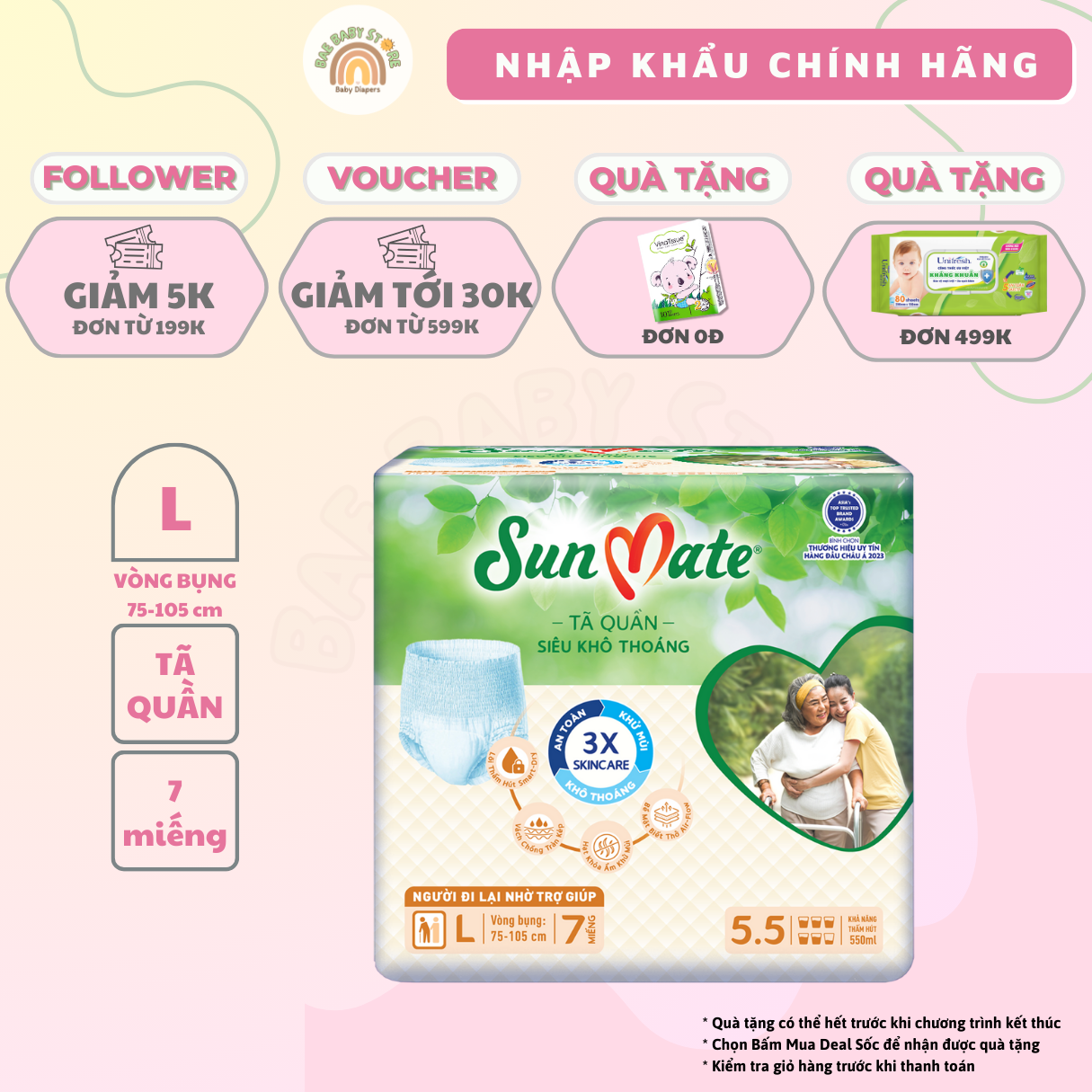 Tã quần người lớn SunMate siêu khô thoáng mới size M8/L7/L14