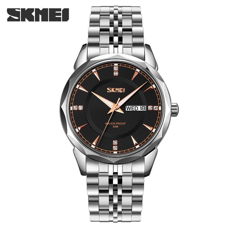 Phong Cách Mới Nhất Skmei Moment Beauty Thời Trang Dây Thép Không Gỉ Chắc Chắn Nam Lịch Kép Chống Nước Phong Cách Doanh Nhân Đồng Hồ Thạch Anh