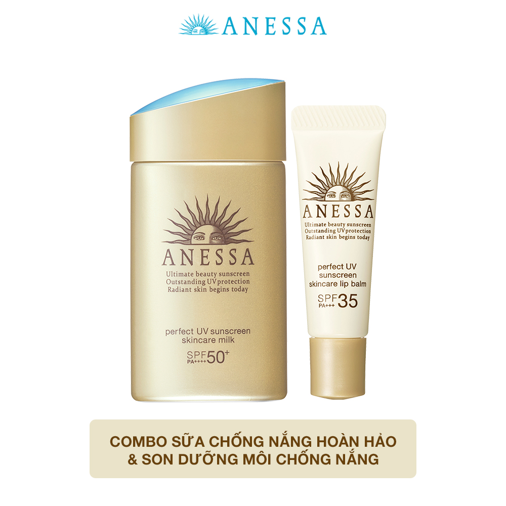 Bộ đôi Kem chống nắng dưỡng da dạng sữa bảo vệ hoàn hảo Anessa SPF 50+ PA++++ 60ml và Son dưỡng môi chống nắng Anessa Perfect UV Lip Balm SPF 35 PA+++ 5g