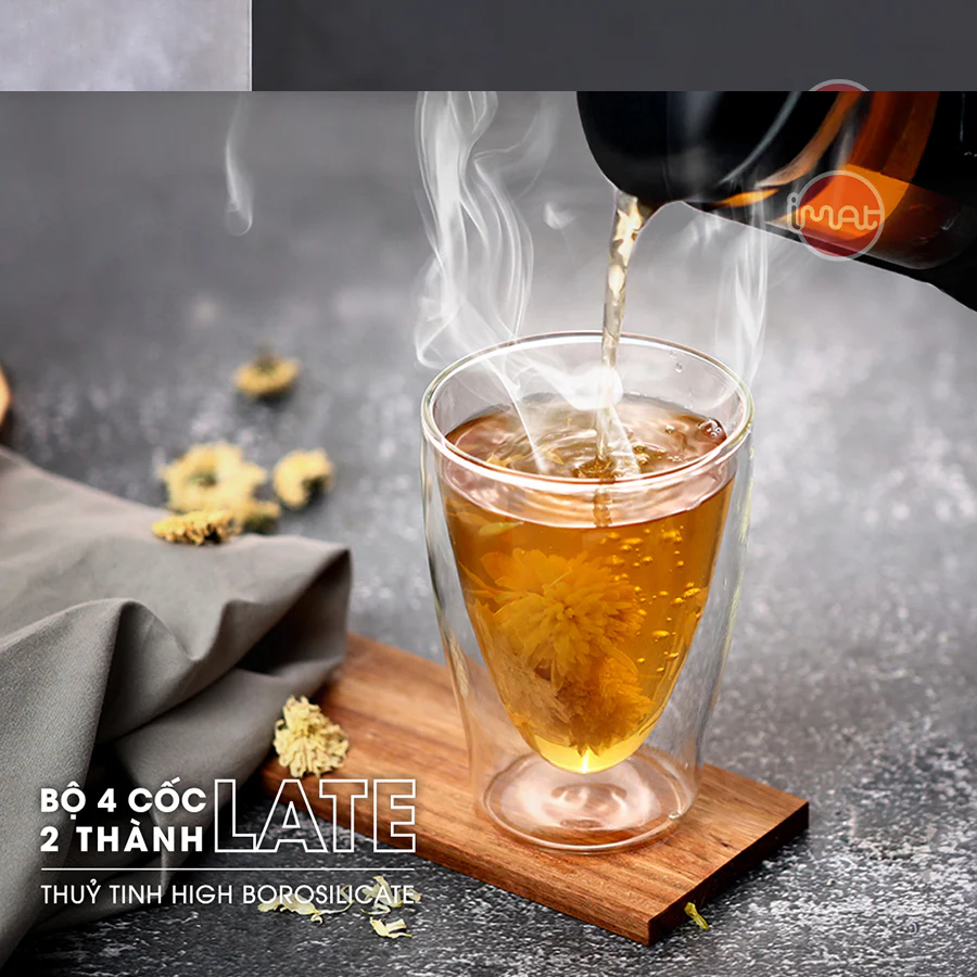 Bộ 4 Cốc LATE 2 Thành Thủy Tinh High Borosilicate Hai Lớp Cách Nhiệt, Chịu Nhiệt Cao, An Toàn Dùng