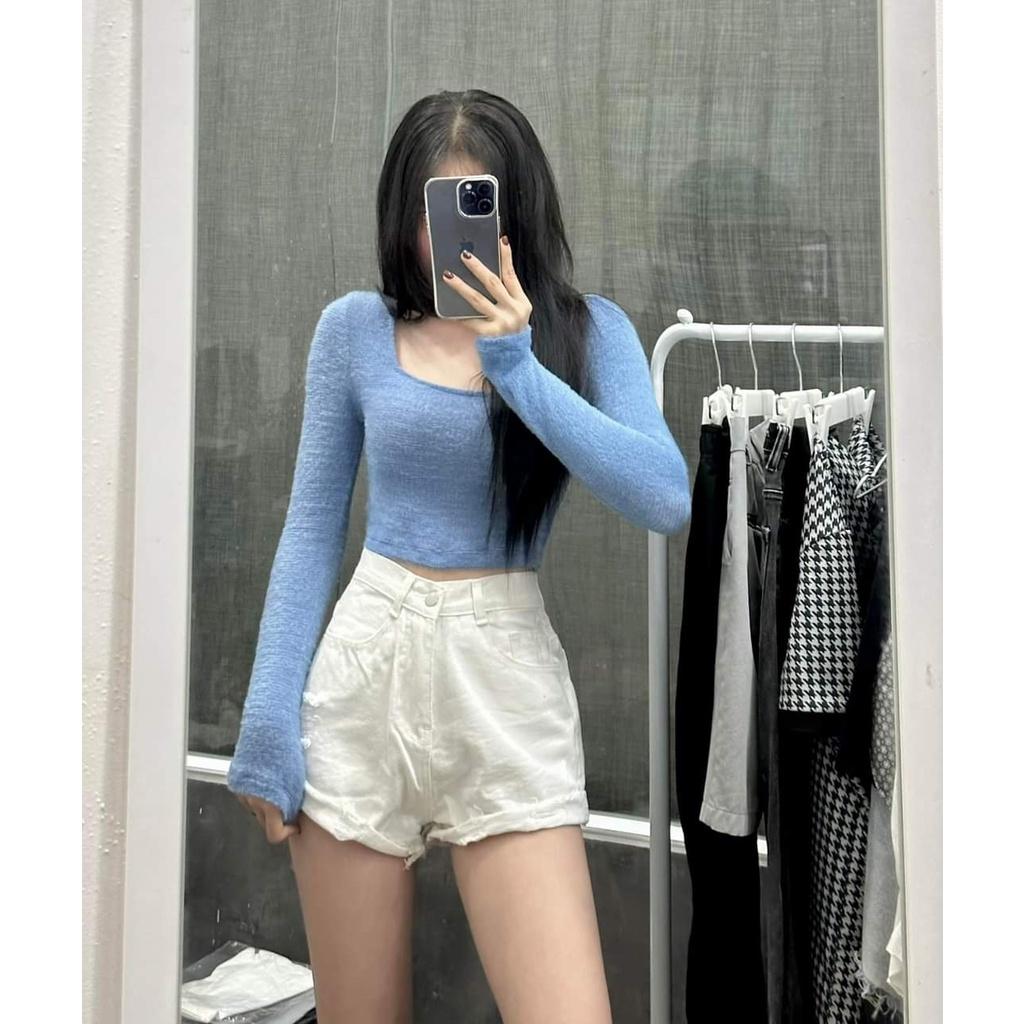 Áo Croptop Tay Dài Ôm Body Cổ Tròn Và Cổ Vuông Chất Liệu Lông Mềm Quyến Rũ - AO089