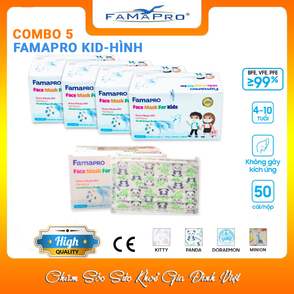 [COMBO Ưu Đãi] 5 Hộp Khẩu Trang Y Tế Trẻ Em Cao Cấp FAMAPRO - 3 Lớp/Kháng Virus, Lọc Khuẩn, Bụi, 99% Tốt Nhất / [MAX KID Chính Hãng - Hộp 50 Cái ] 