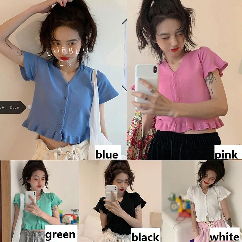 Áo Thun Dệt Kim Tay Ngắn Cổ Chữ V Phối Bèo Nữ Tính