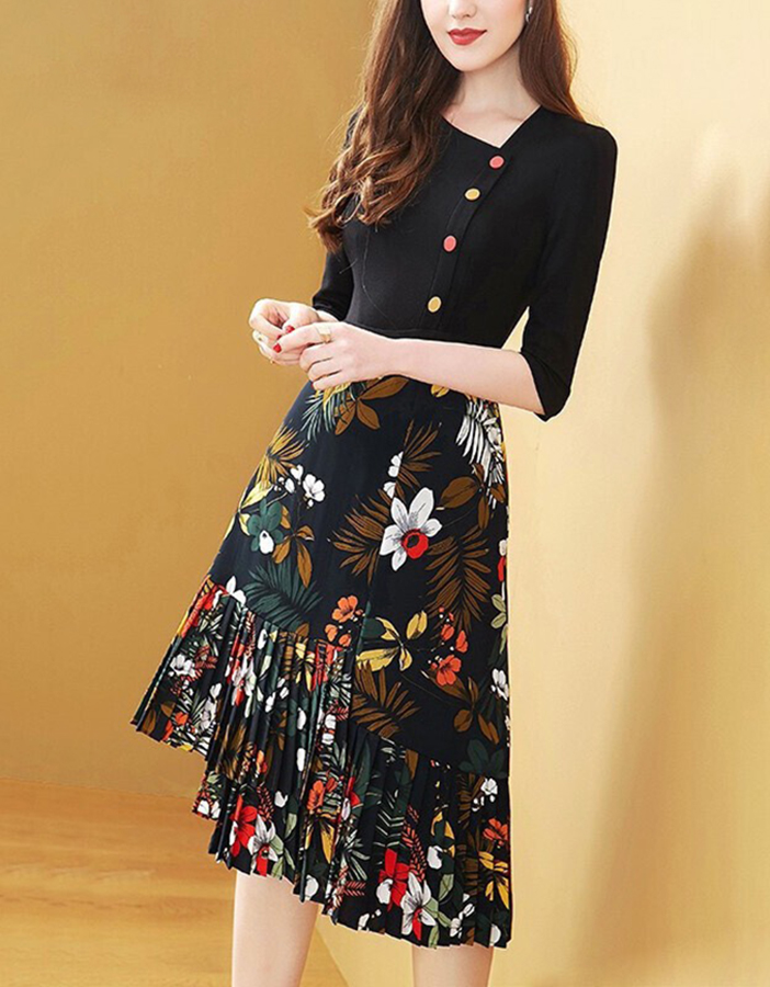 ĐẦM THUN ĐÍNH NÚT CHÂN VÁY HOA - HN1242