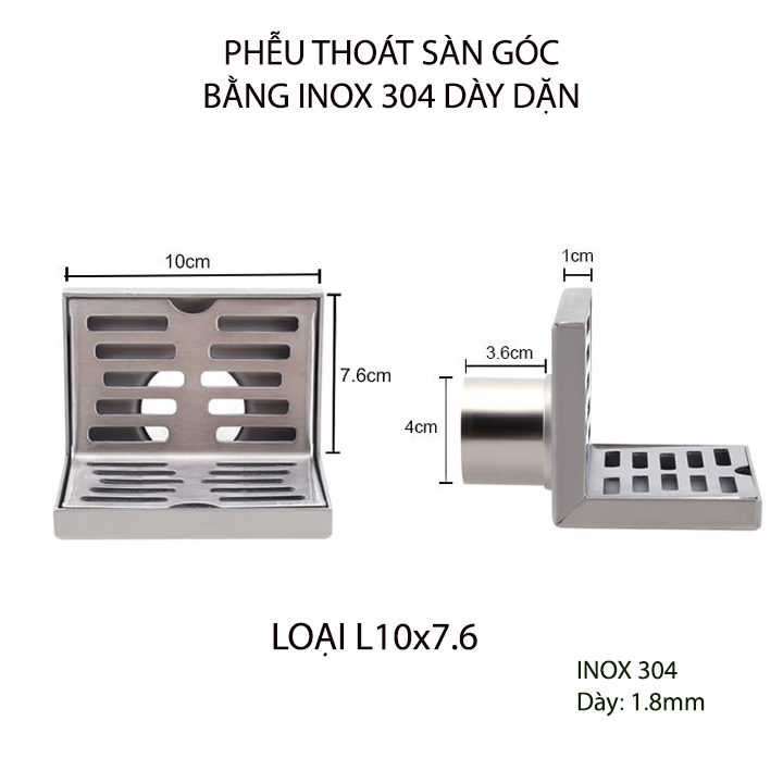 Phễu thoát sàn góc bằng inox 304 dày dặn, loại 10x7.6cm