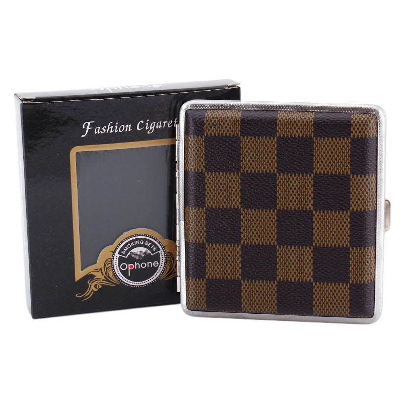 Hộp Đựng Thuốc 20 Điếu Lớn Ngắn Kẹp Kim Loại Bọc Da Caro