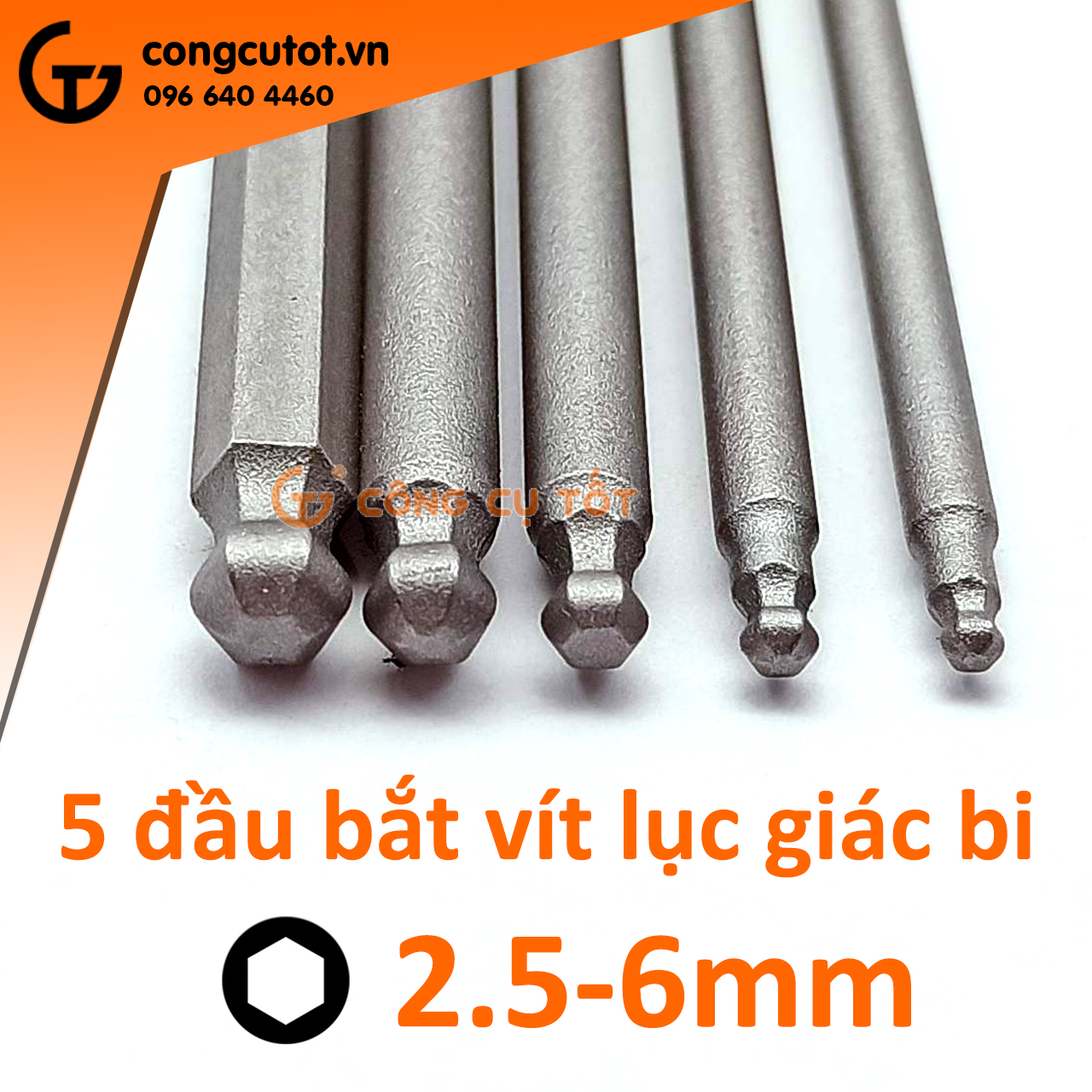 Vỉ 5 đầu bắt vít lục giác bi chuôi lục thép S2 Φ2.5 - Φ6.0 dài 100 mm
