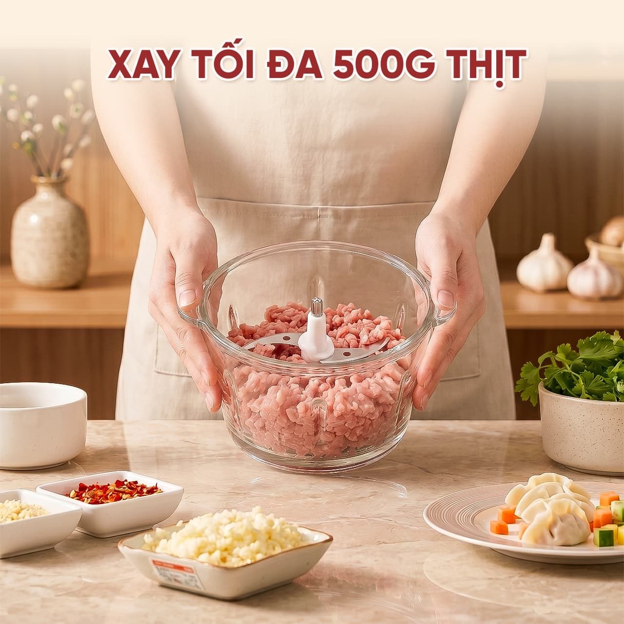 Máy Xay Thịt Đa Năng MSCHOPPER4S cối thủy tinh xay thịt, xay gia vị siêu nhanh Công Suất 300W Dung tích 1.8L - Hàng chính hãng