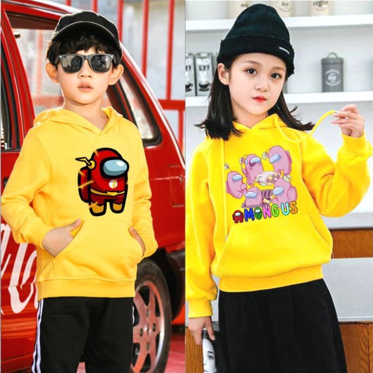 Áo hoodie among us có mũ màu vàng cho bé trai bé gái