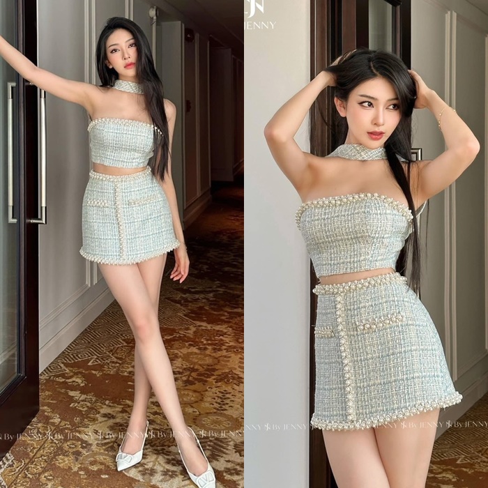 ĐẦM SET ÁO ỐNG CROPTOP ÔM BODY DÂY YẾM CHOKER + CHÂN VÁY NGẮN CHỮ A LƯNG CAO SUÔNG SỌC ĐI CHƠI ĐI TIỆC DẠO PHỐ ĐI BIỂN