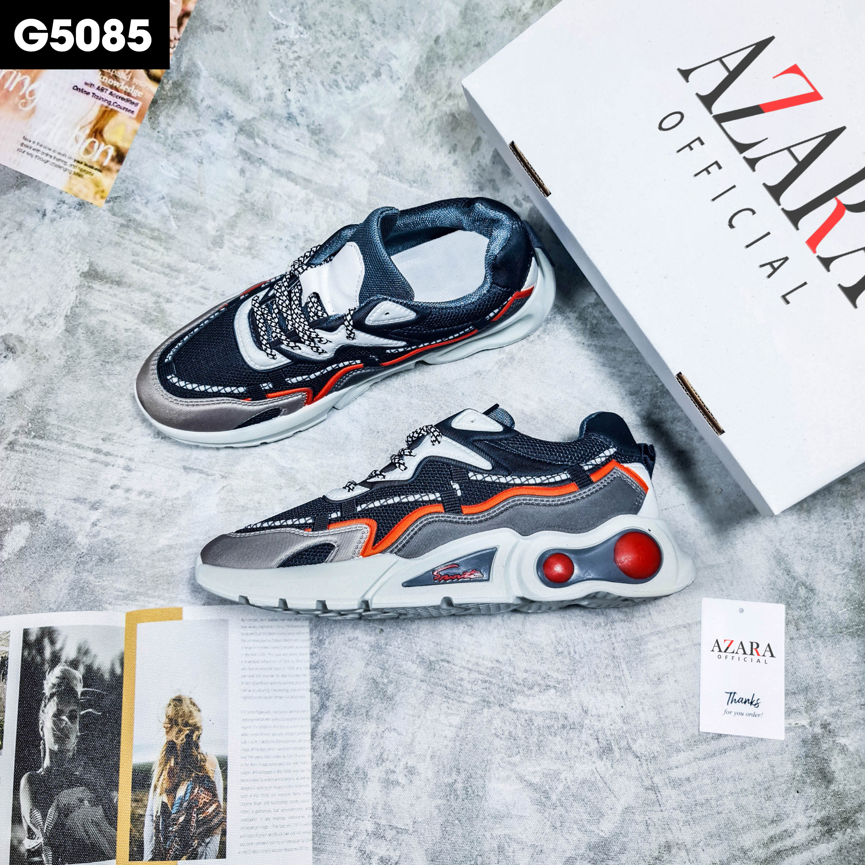 Giày Thể Thao Nam AZARA - Giày Sneaker Màu Đen Đỏ - Đen , Giày Thể Thao Mũ Quai Siêu Thoáng, Co Dãn Tốt- G5085