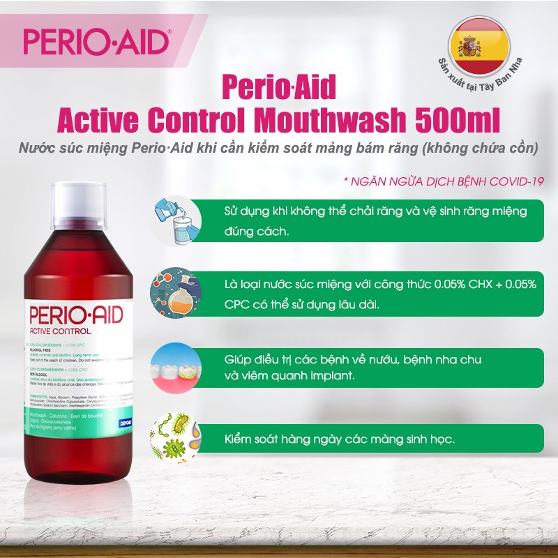 Nước súc miệng diệt khuẩn hàng ngày có hương, ngăn mảng bám, chống viêm Perio-Aid Active Control 500ml