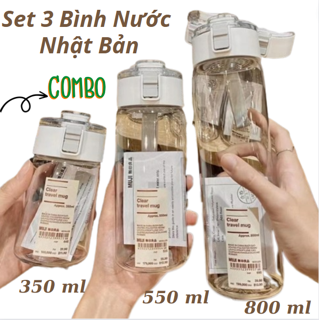 SET 3 BÌNH NHỰA TRONG SUỐT NHẬT BẢN - Bình Nước Thể Thao 350ml / 550ml / 800m