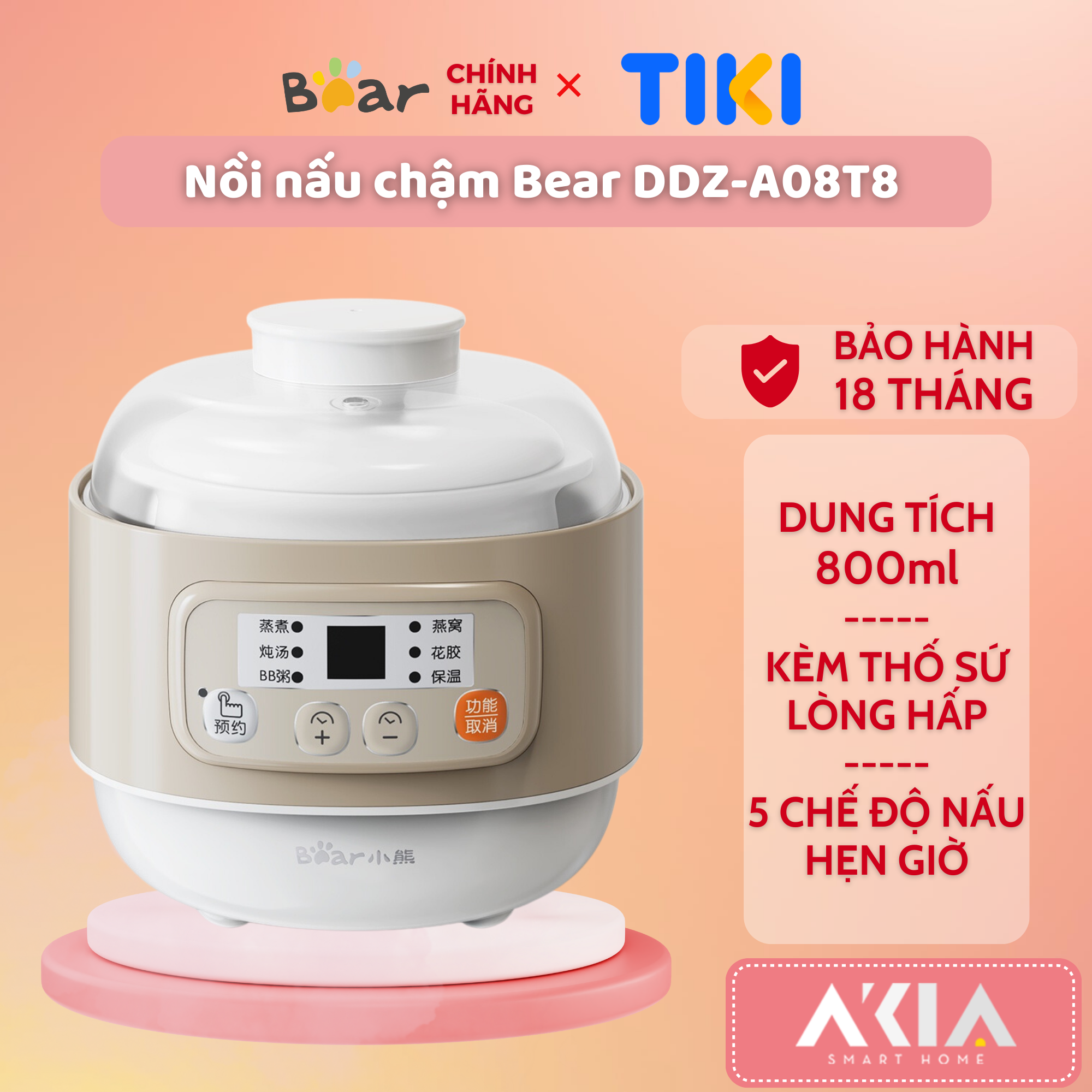 Nồi nấu chậm đa năng Bear DDZ-A08T8 (có lồng hấp) - Dung tích 800ml, Có chế độ Hẹn giờ - Hàng chính hãng