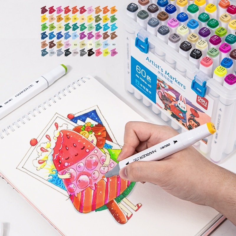 Bút lông màu Marker 2 đầu 60 màu Deli 70816-60 - Hộp nhựa, tô màu vẽ tranh chuyên nghiệp