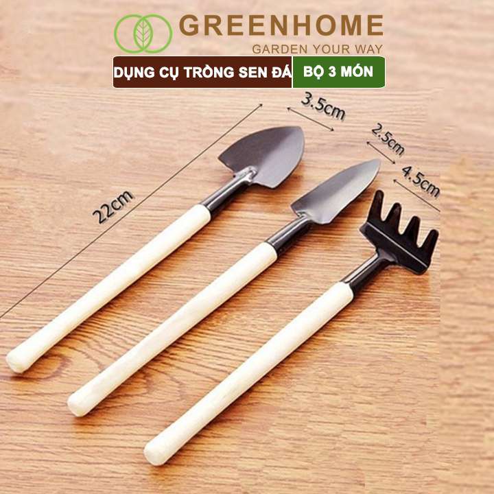 Dụng Cụ Làm Vườn Greenhome, 3 Món Gồm Xẻng Xúc Đất, Cào , Mini, Cán Gỗ, Tiện Lợi, Dễ Sử Dụng, Trồng Sen Đá, Tiểu Cảnh