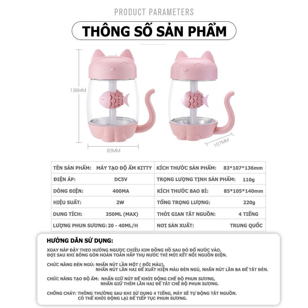 Máy Phun Sương Tạo Độ Ẩm Khuếch Tán Tinh Dầu Hình Mèo Xương Cá Dễ Thương Essesa Kitty Humidifier- Hàng Chính Hãng