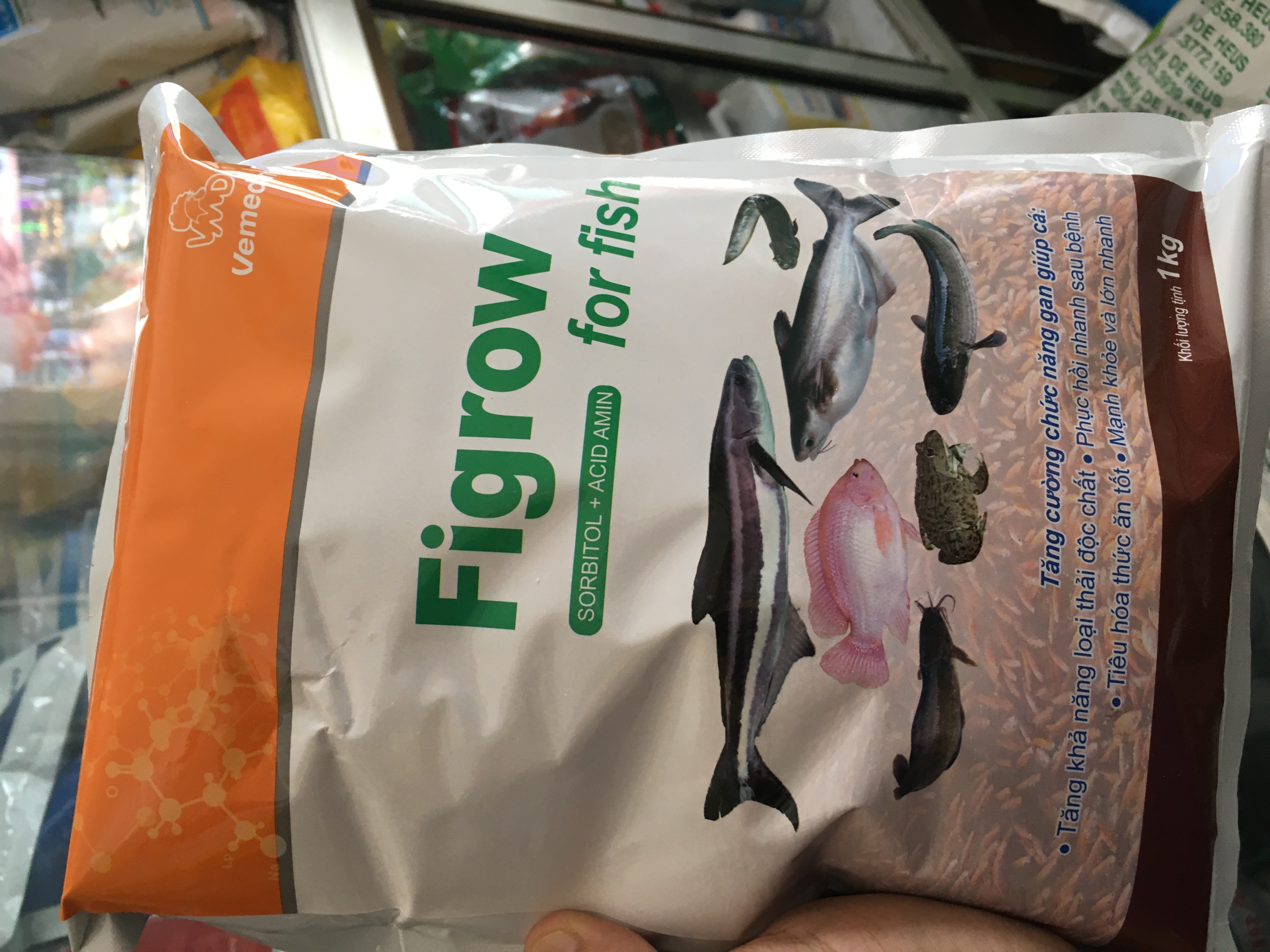 Figrow for fish tăng cường làm tốt gan ,đào thải , phục hồi cá khoẻ nhanh, tiêu tốt, mạnh khoẻ , mau lớn dùng cho ao hồ bể cá lóc, cá basa , cá rô, cá kèo ,ếch ....vemedim