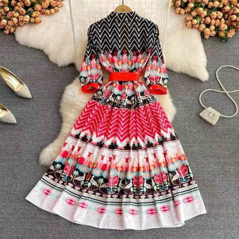 HÀNG NHẬP - ĐẦM XÒE LỤA IN HOA VĂN CỔ SƠ MI EO BUỘC DÂY