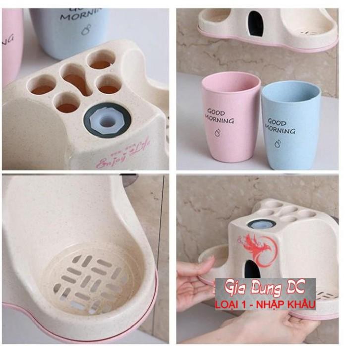 Khay nhả kem kèm 2 cốc đánh răng tự động lúa mạch - dụng cụ gắn tường tiện ích