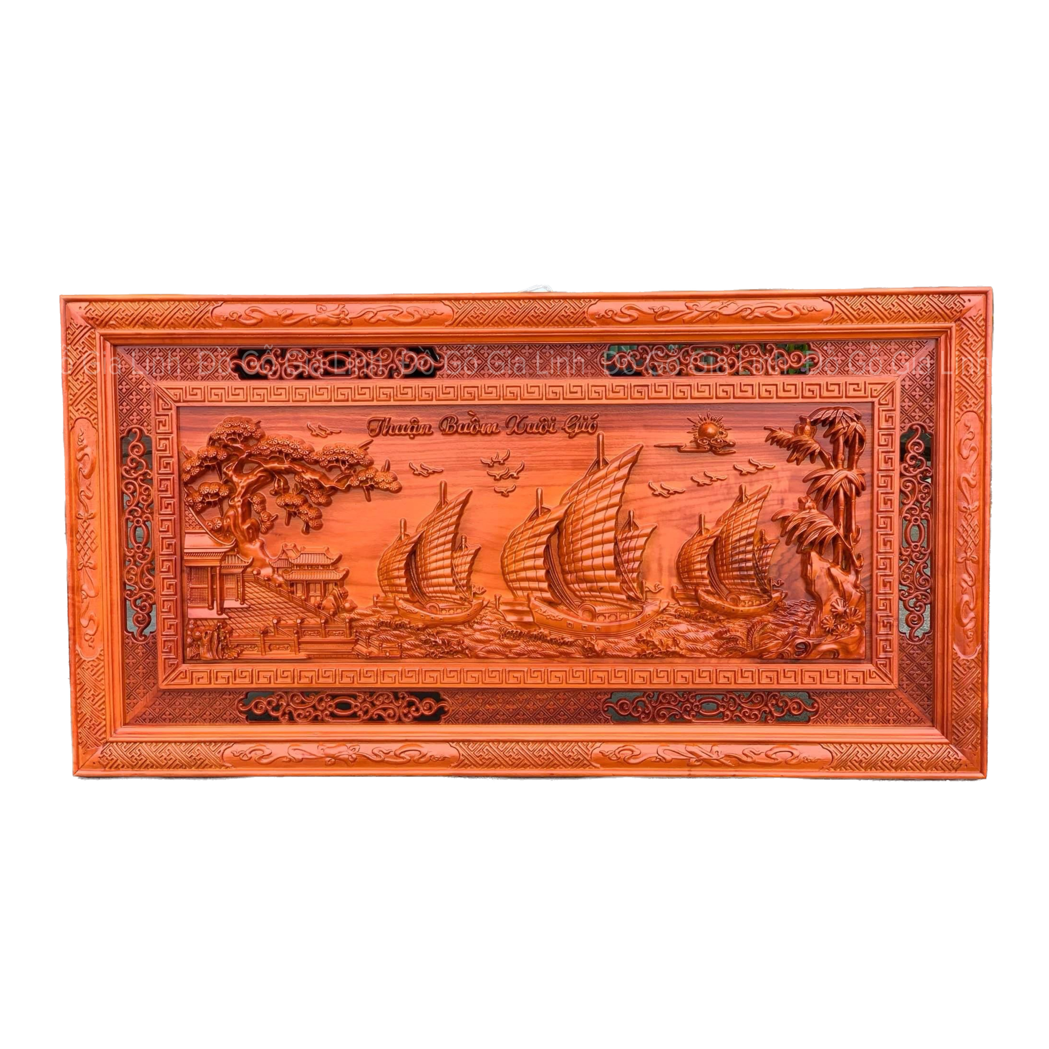 Tranh Thuận buồm xuôi gió Đồ Gỗ Gia Linh chạm khung gỗ Hương đỏ KT 127cm x 67cm x 4cm