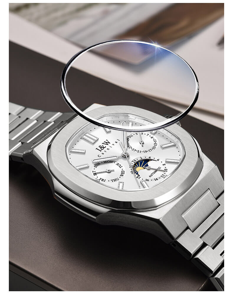 Đồng hồ nam chính hãng I&W CARNIVAL 55886G-5 mặt trắng size mặt 42mm,kính sapphire ,chống nước 50m,dây thép không gỉ