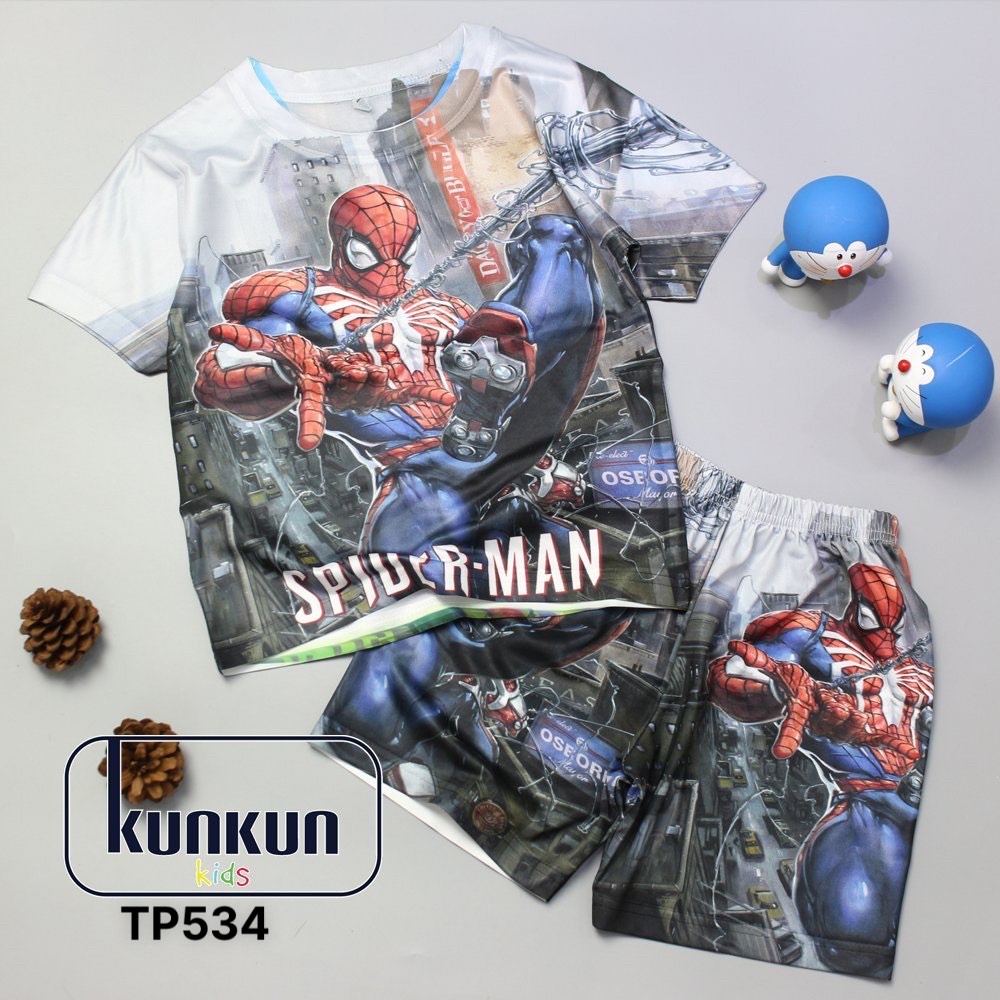 Quần áo bé trai in 3d hình người nhện spiderman Thun lạnh KunKun Kid TP407-534-270-119-830 - đồ bộ trẻ em từ 10-60kg