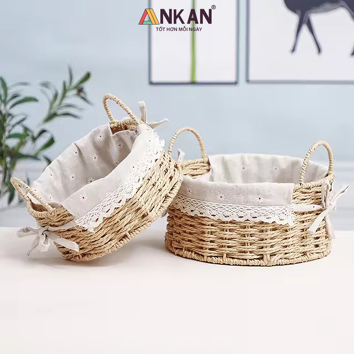 Giỏ Picnic Hình Tròn Có Quai – Đan Tay Thủ Công, Lót Vải Hoa Vintage, Giỏ Đựng Đồ Trang Trí Xinh Xắn