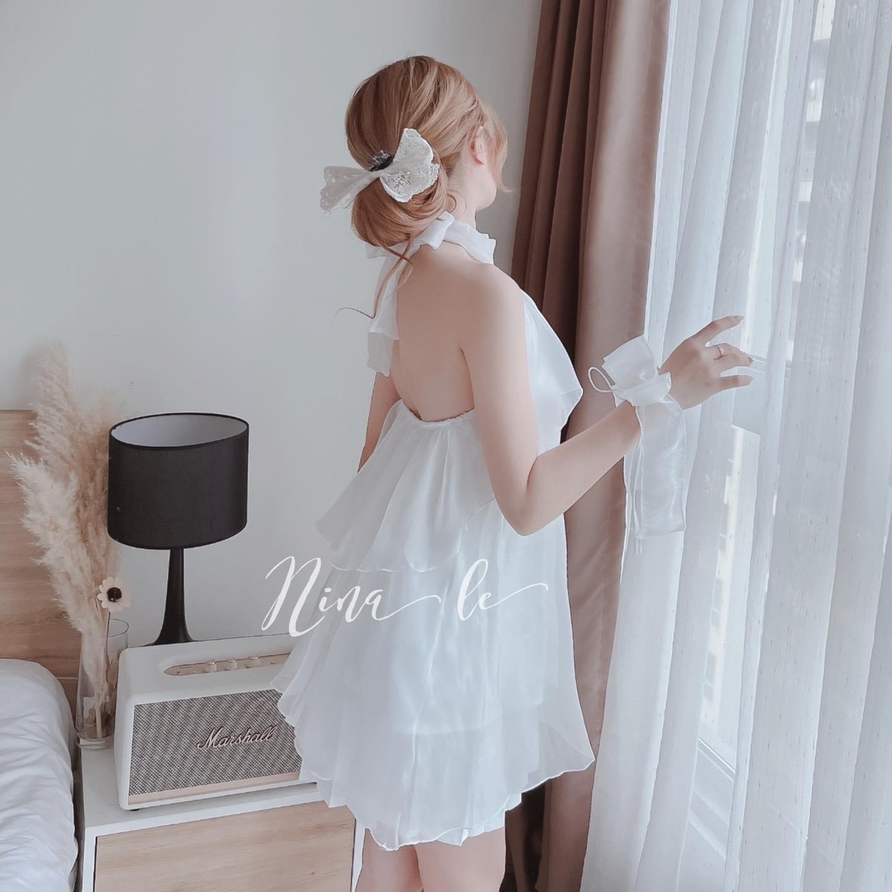 Set áo yếm xếp tầng bèo cột nơ sau kèm chân váy dập ly có lót có nơ tay, set áo váy đi chơi Ánh Dương Clothing M202