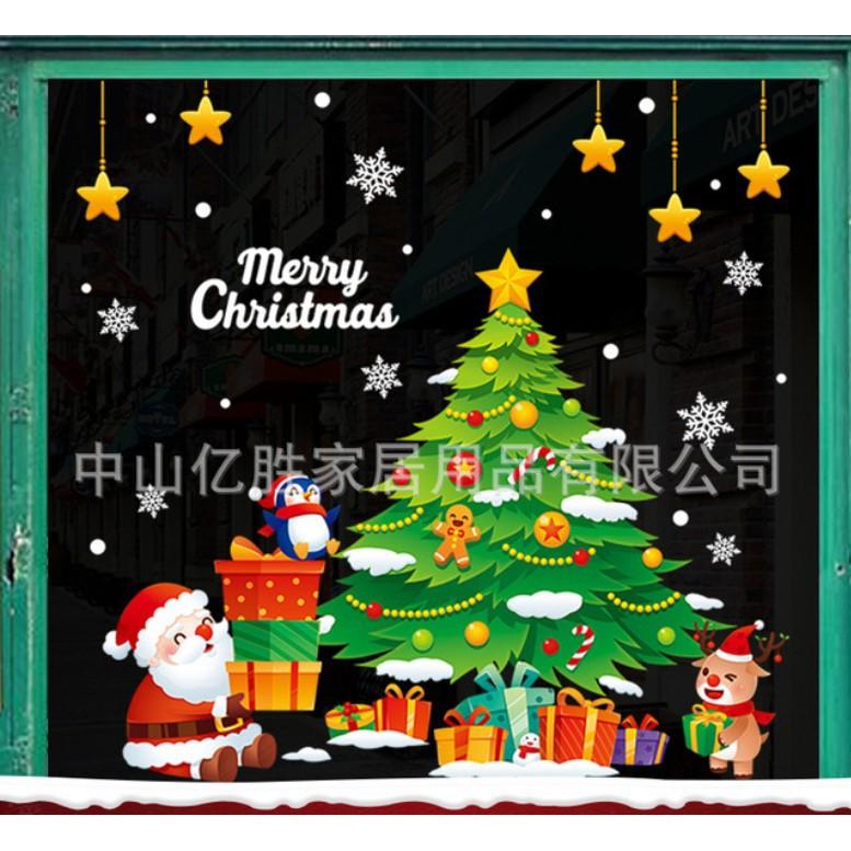 Decal trang trí giáng sinh ông già noel và tuần lộc trang trí cây thông