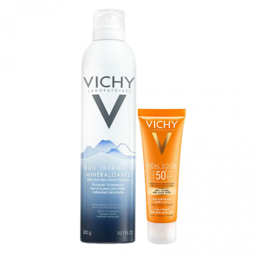 Combo Kem Chống Nắng Ngăn Sạm Da, Giảm Thâm Nám Vichy SPF50 Chống Tia UVA Và Nước Xịt Khoáng Dưỡng Da Vichy 300ml