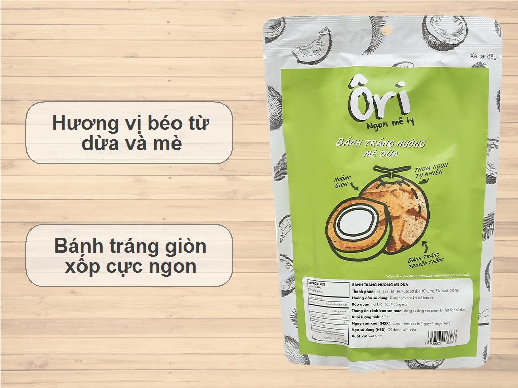 Bánh Tráng Nướng Mè Dừa Cô Ba 60g đồ ăn vặt, mồi nhắm, mồi nhậu ngon, giá rẻ cho dân văn phòng, học sinh, ăn kiêng được