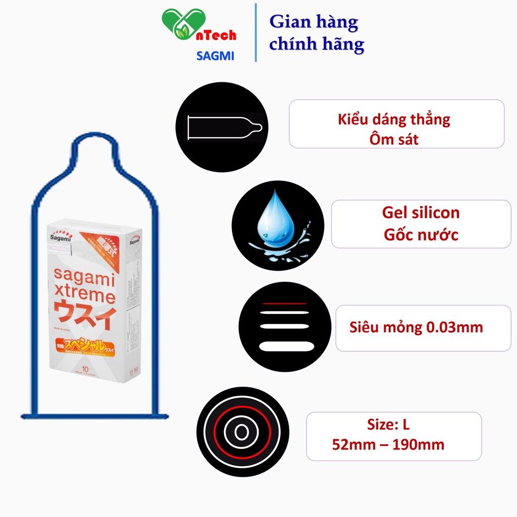 Bao cao su siêu mỏng nhiều gel bôi trơn Sagami Xtreme Super Thin 0.03mm hộp 10 bao cao su