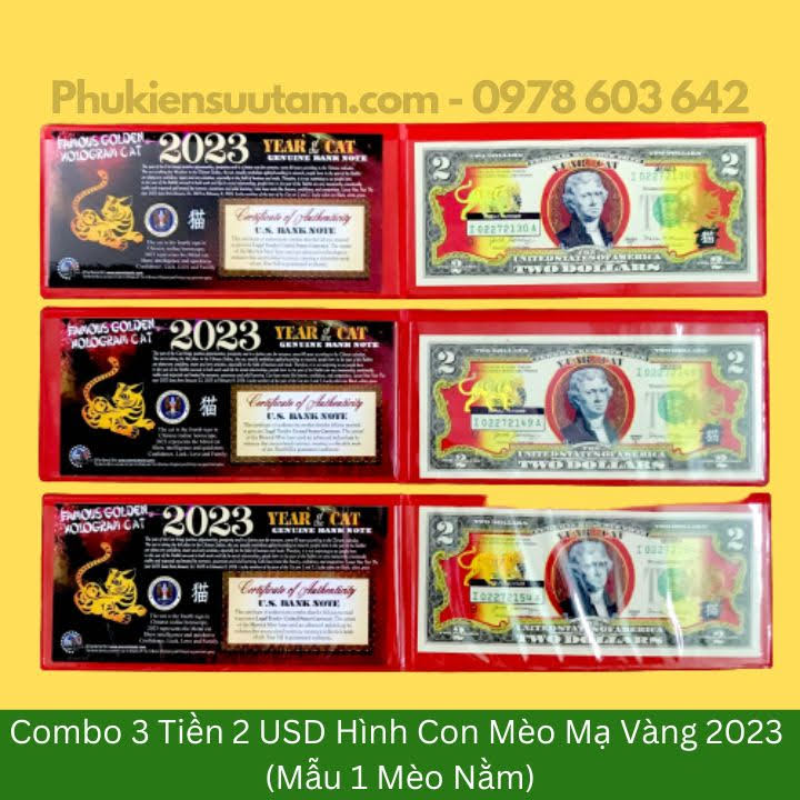 Combo 3 Tờ 2USD Hình Con Mèo Mạ Vàng 2023 (Mẫu 1 Mèo Nằm), kích thước: 16cmx8cm, màu vàng - SP005884