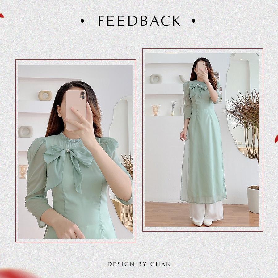 Áo dài cách tân đính nơ ngực, áo dài tay bồng 4 tà chất voan nhẹ xiêu xinh cho các nàng