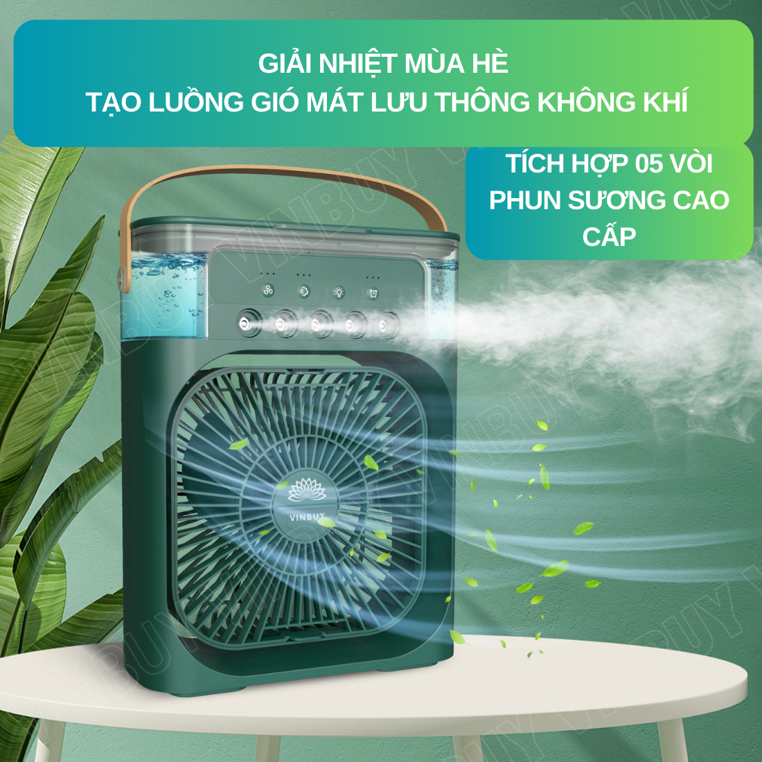 Quạt điều hòa hơi nước mini làm mát không khí để bàn nhỏ gọn, phun sương mạnh nhiều chế độ có bình đựng nước, nốt chạm cảm ứng, pin sạc tích điện, có đèn - Hàng chính hãng VinBuy