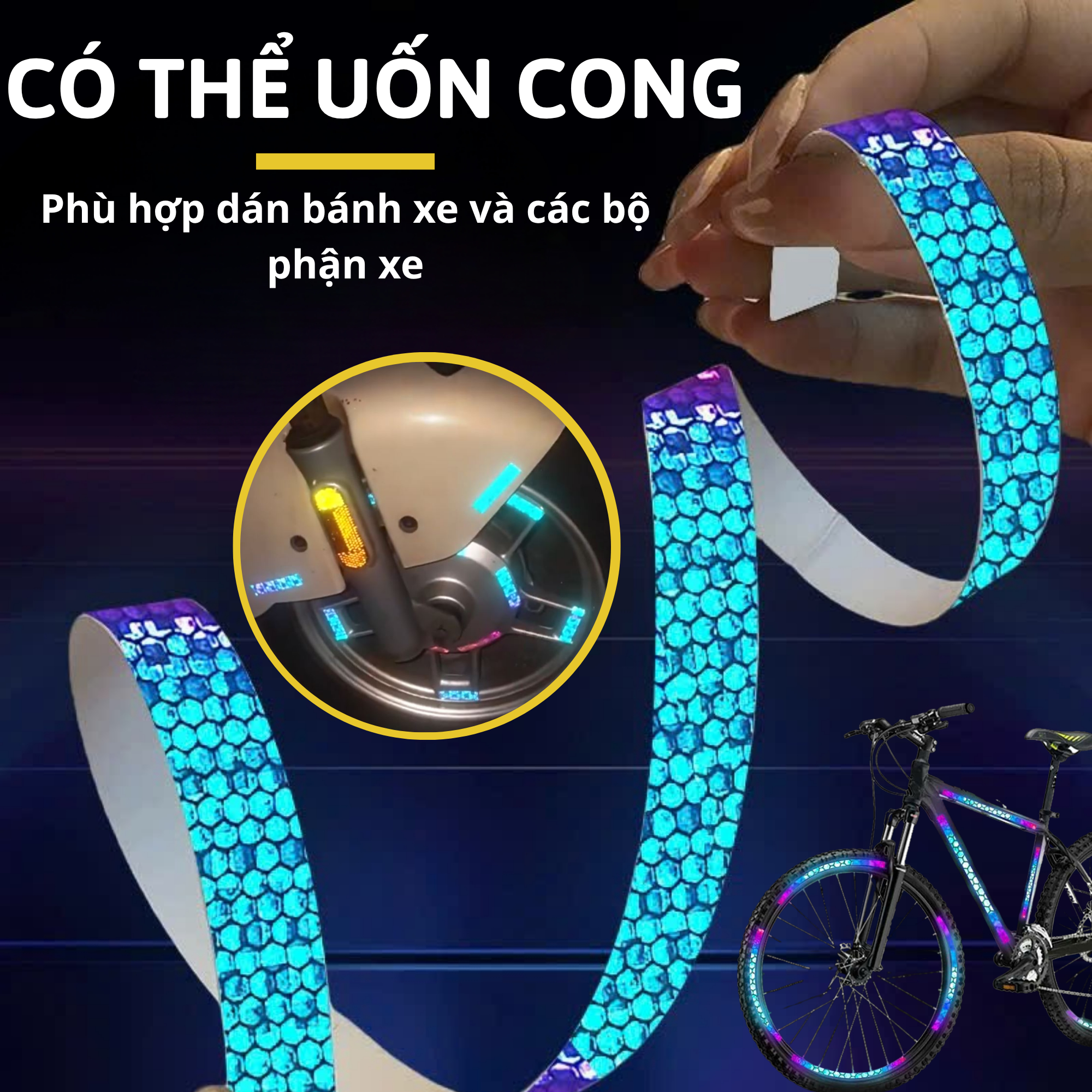 Băng Keo Phản Quang Đa Sắc Dán Xe Decal Phản Sáng Trang Trí Mâm Xe Cầu Thang Nhà Kho An Toàn Vào Ban Đêm