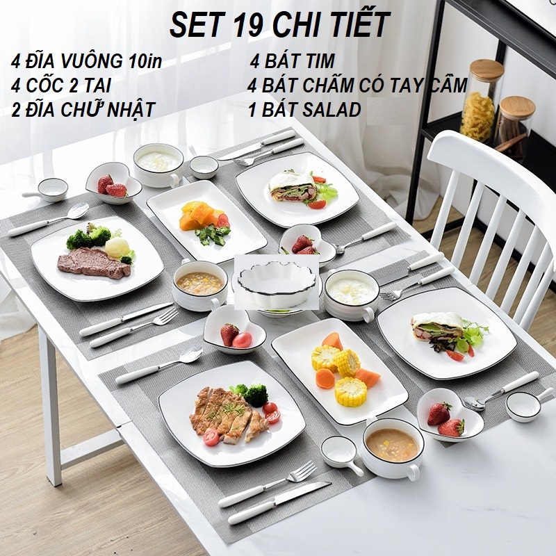 Set bàn ăn Trắng viền đen phong cách Bắc Âu