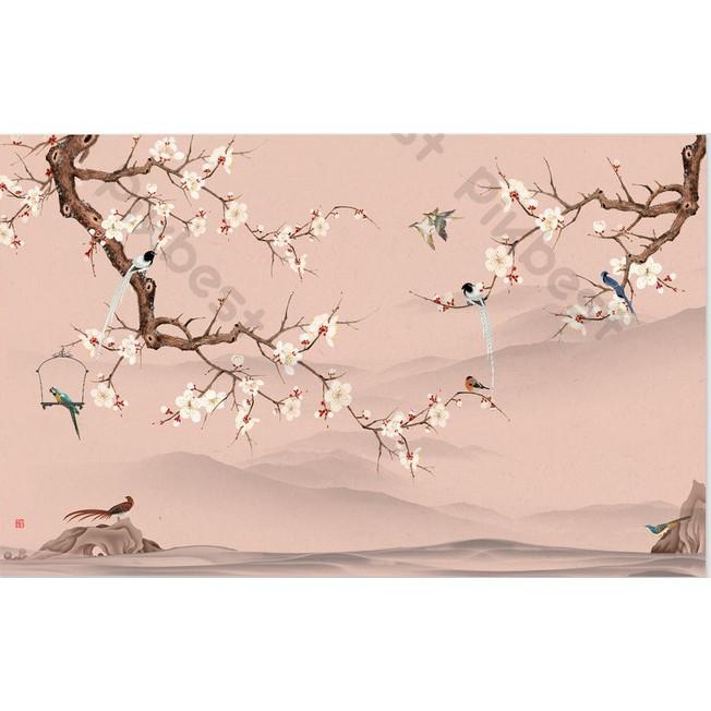 Tranh dán tường Hoa anh đào nở rộ và đàn chim, Tranh 3d dán tường hiện đại MS652473