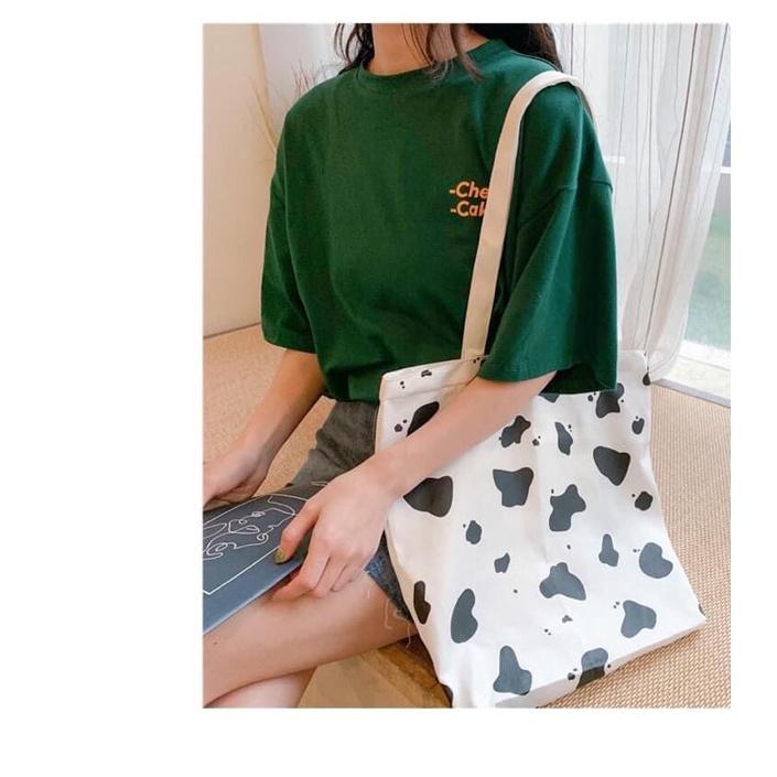 Túi Tote Túi Vải Canvas đeo vai Bò sữa phong cách Hàn Quốc CUTE có dây kéo và ngăn phụ