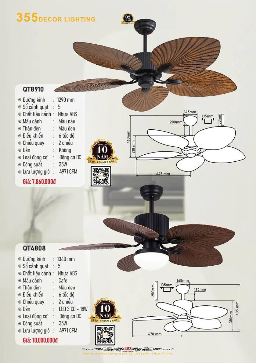 Quạt Trần có đèn 355 Decor cánh nhựa ABS màu café QT4808 - Hàng nhập khẩu