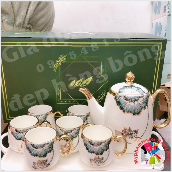 Bộ ấm chén sứ sen xanh viền vàng cao cấp mã Y16-1