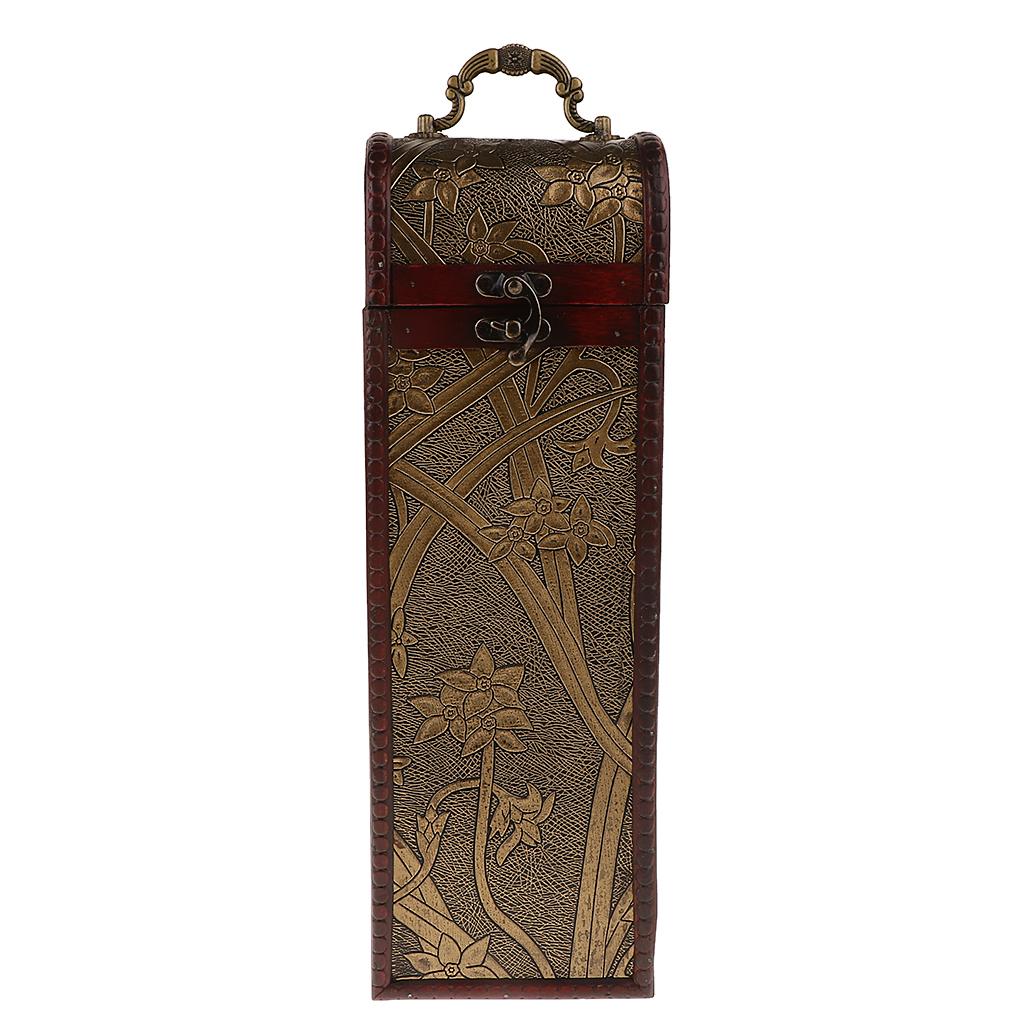 Wooden Wine Single Bottle Box with Antique Finish Daffodil Pattern