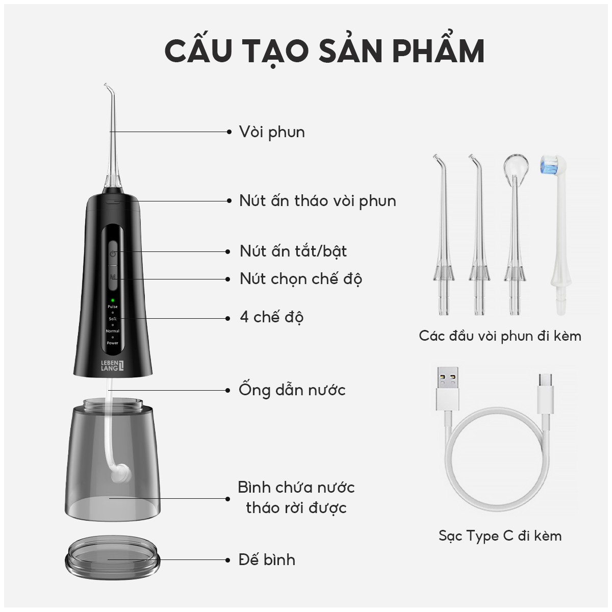Máy tăm nước Lebenlang cầm tay LBT1499, IPX7 chống thấm nước 2000mah, 300ml, tích hợp pin, bảo hành 2 năm - chính hãng