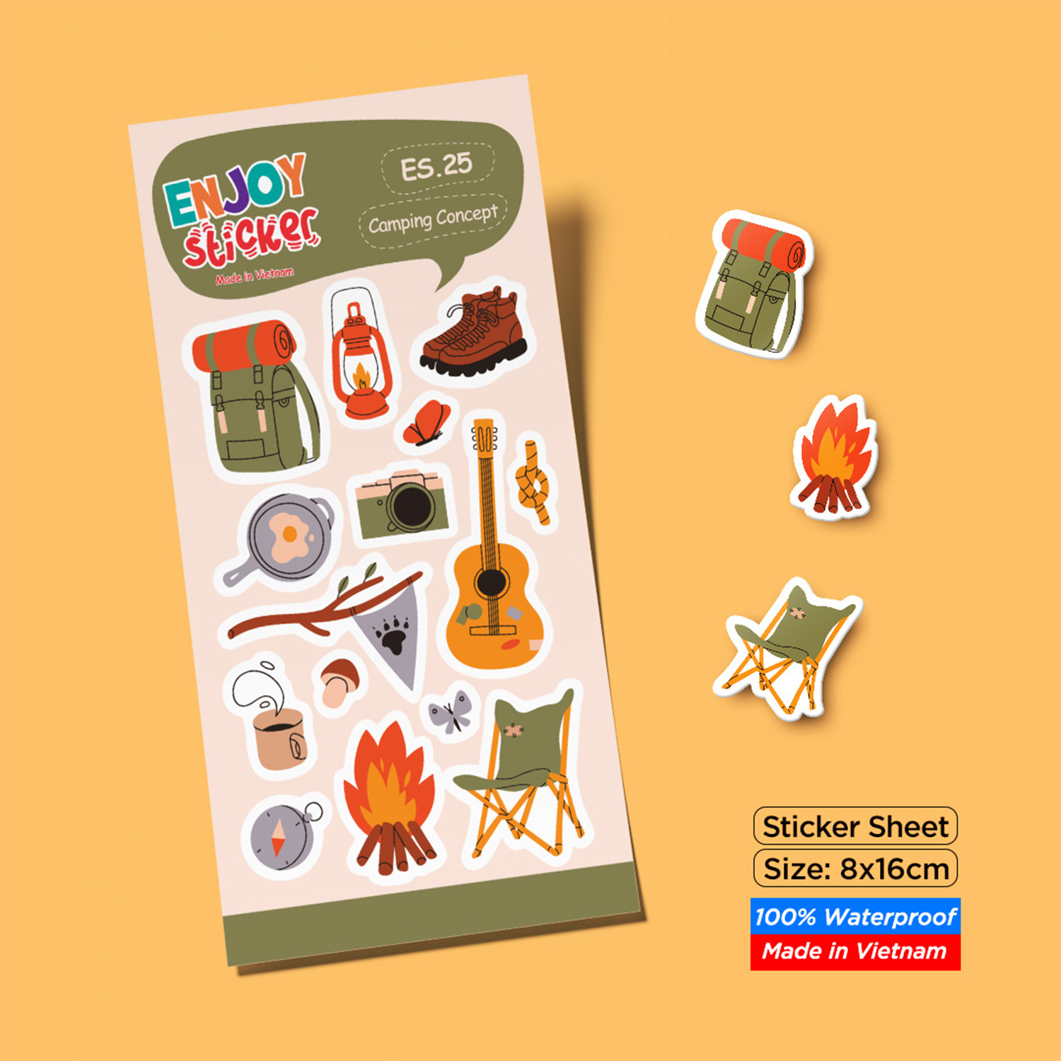 ES25 Camping Concept Enjoy sticker sheet hình dán chống thấm nước Made in Vietnam Sticker Factory