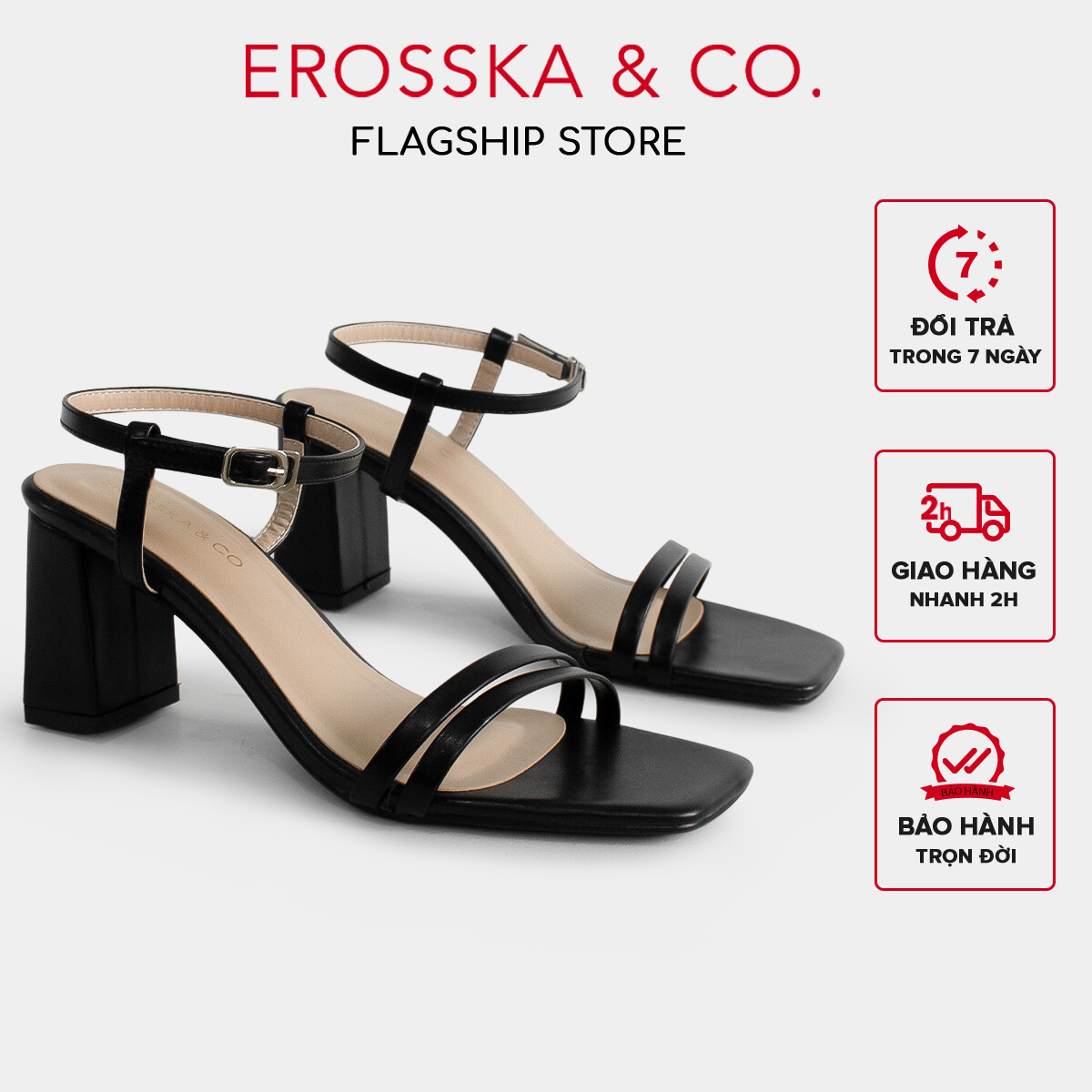 Erosska - Sandal cao gót mũi hở đế vuông phối dây quai mảnh cao 7cm - EB063