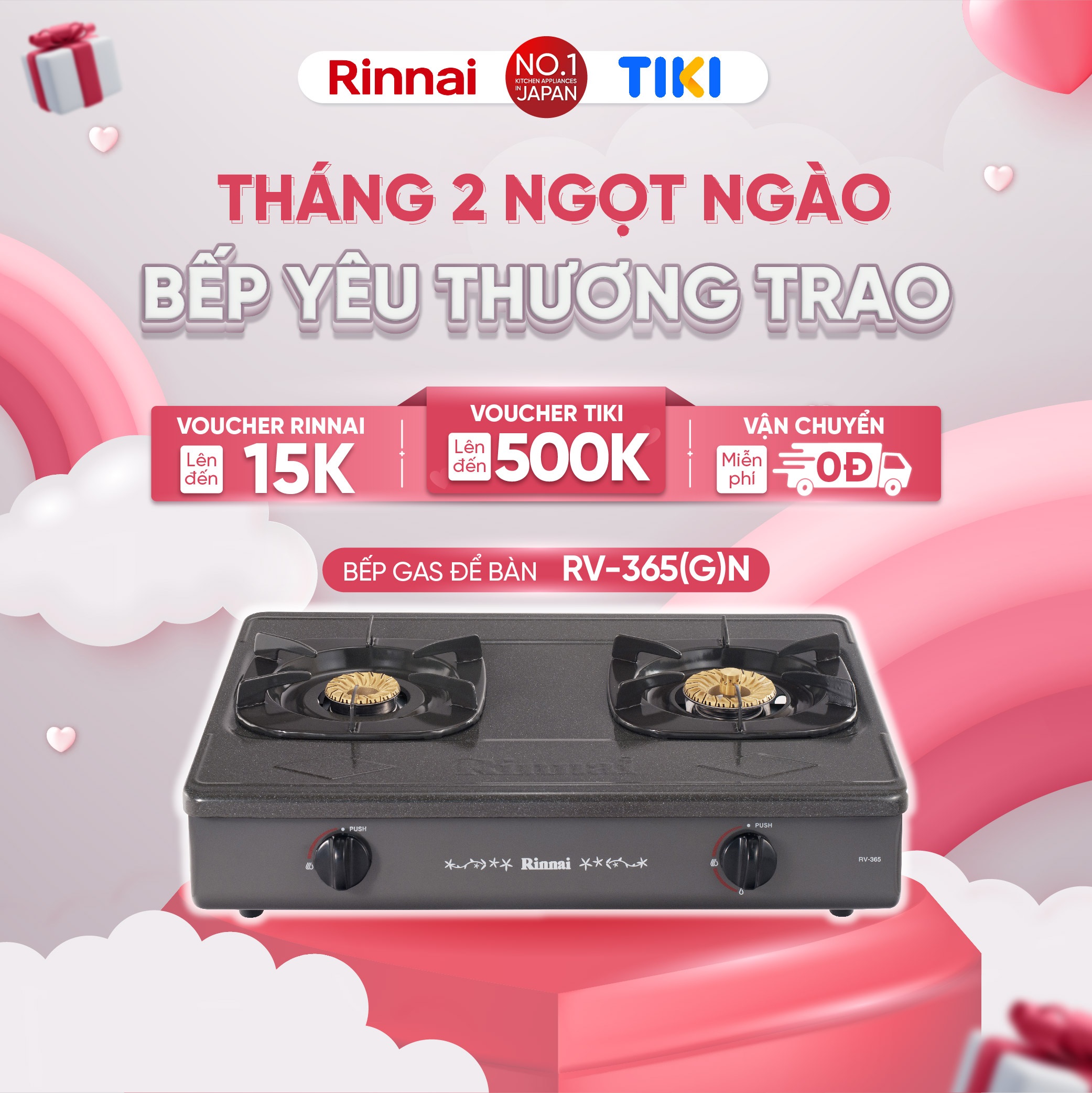 Bếp gas dương Rinnai RV-365(G)N mặt bếp men và kiềng bếp men - Hàng chính hãng.